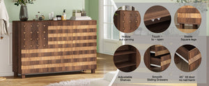 English Elm 55" Walnut Buffet Sideboard Cabinet with Hand-Carved Detail, 2 Drawers, 3 Doors, Adjustable Shelves, Anti-Tip Safety W2977P294024