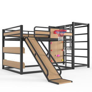 English Elm Twin Metal Loft Bed with Slide Basketball Hoop Climbing Wall and Built-in Shelves W1580S00632