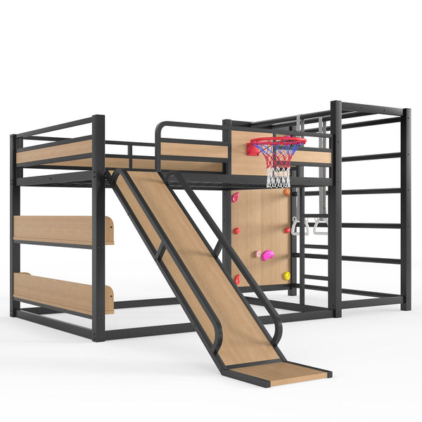 English Elm Twin Metal Loft Bed with Slide Basketball Hoop Climbing Wall and Built-in Shelves W1580S00632