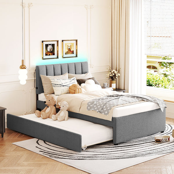English Elm Teddy Twin Upholstered Platform Bed with Trundle, LED Smart Lighting, Plush Fleece, Sturdy Design Gray SF000055AAE