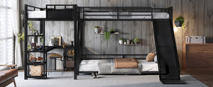 English Elm L-Shaped Metal Bunk Bed With Twin Xl Loft, Queen Bed, Desk, Shelves & Slide - Space-Saving Design! W1580S00279