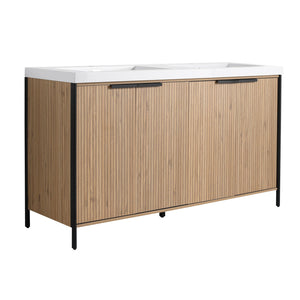 English Elm 60" Freestanding Bathroom Vanity with Double Resin Sink, Soft-Close Doors, Adjustable Shelves, Water-Resistant Finish W999S00383
