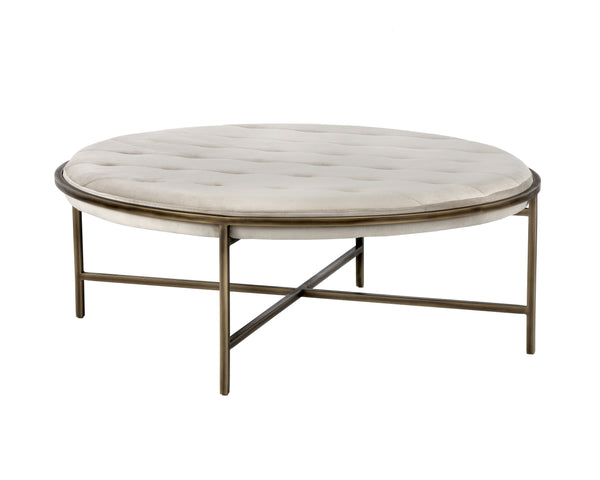 Sunpan Ethel Ottoman - Stylish Round Coffee Table with Durable Performance Fabric and Rustic Bronze Frame Piccolo Prosecco