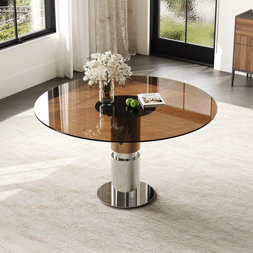 English Elm 35-inch Tempered Glass Round Dining Table Steel Base Seats Four Apartment Bistro W509S00161