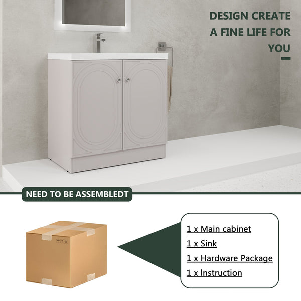 English Elm 36" Freestanding Bathroom Vanity with Resin Sink, Soft-Close Doors, Adjustable Shelf & 3 Handles W999S00336