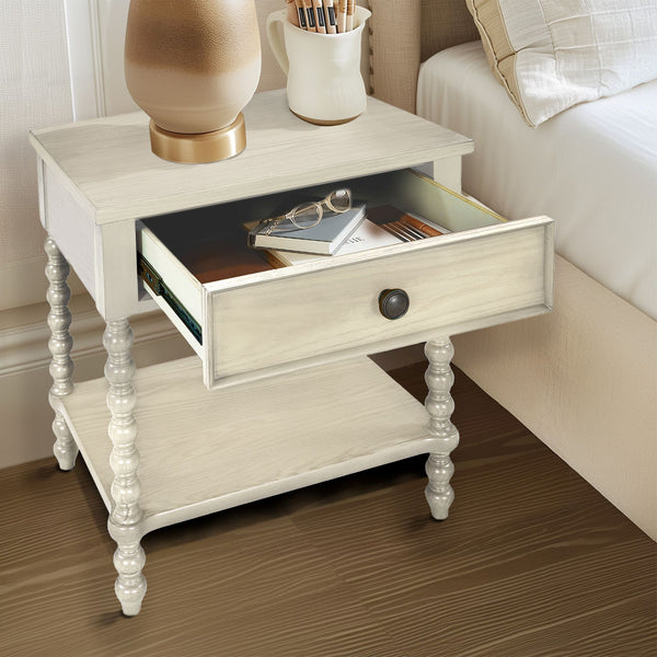 JLA Home Madison Park Signature - Turned Spindle Nightstand with Drawer & Shelf — Timeless turned-wood design, solid-engineered build, versatile storage and compact charm for bedroom or living spaces MPS136-0288