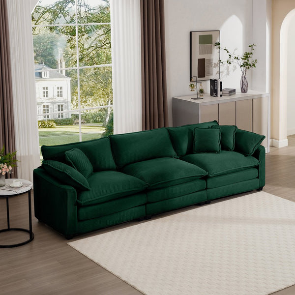 English Elm Mid-Century Modern Sectional Sofa - Plush Green Corduroy 3-Seater With Pillows For Ultimate Comfort W714S00815