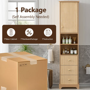 English Elm 67.7" Tall Freestanding Bathroom Cabinet with 3 Drawers, Open Shelves, Gold Handles, Anti-Tip Safety N729P335604O