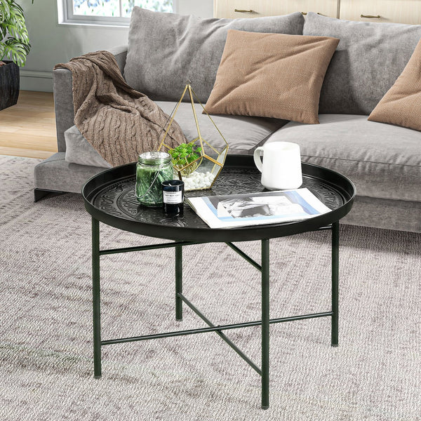 English Elm HOMCOM Vintage 24" Round Hammered Tray Coffee Table with Reinforced Metal Frame, Adjustable Feet W2225P229122