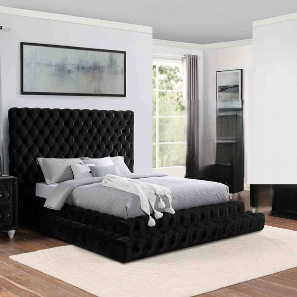 English Elm Contemporary Gray Flannelette King Bed Tufted Tall Headboard Glam Platform Frame Black B2741S00814