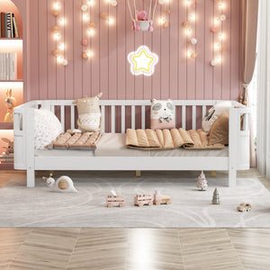 English Elm Twin Low Profile Pine Wood Kids Bed with Safety Rails and Fence Style Headboard W2593P367052