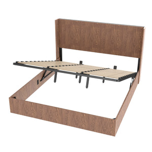 English Elm Large Walnut Grooved Lift Storage Bed King - Rustic Slatted Wooden Platform with Dual Hydraulic Lift and Stainless Steel Reinforced Headboard W1858S00004