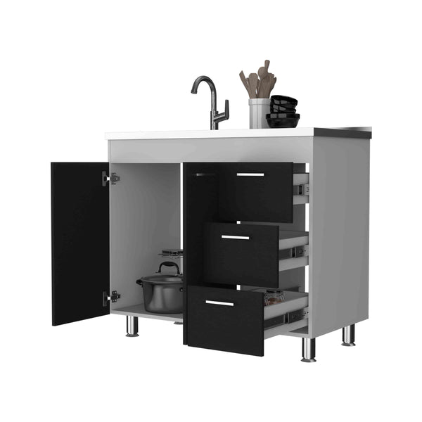 English Elm Darien Multicolor Base Cabinet with Double Doors, Three Drawers, Faucet Hole & Four Legs, 25.7"H B128S00136