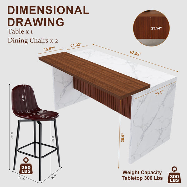 English Elm 63-Inch Modern Kitchen Island Set With Led Lighting & 2 Bar Stools - Elegant Marble Look For Dining W2699S00064