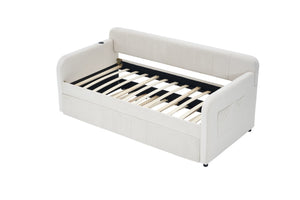 English Elm Twin Upholstered Daybed with Trundle Sofa Bed for Guest Room, Pine Wood Frame, Velvet Upholstery, Sturdy Slat Support and Full-Length Comfort Beige W1361S00020