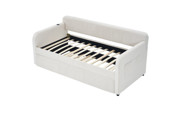 English Elm Twin Upholstered Daybed with Trundle Sofa Bed for Guest Room, Pine Wood Frame, Velvet Upholstery, Sturdy Slat Support and Full-Length Comfort Beige W1361S00020