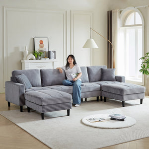 English Elm 122.5-Inch Oversized U-Shaped Modular Sofa Corduroy Sectional with Double Chaise, Ottoman, Pillows and Plastic Legs Grey W1193S00123