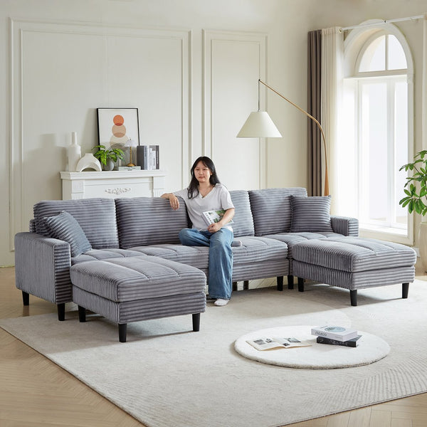 English Elm 122.5-Inch Oversized U-Shaped Modular Sofa Corduroy Sectional with Double Chaise, Ottoman, Pillows and Plastic Legs Grey W1193S00123