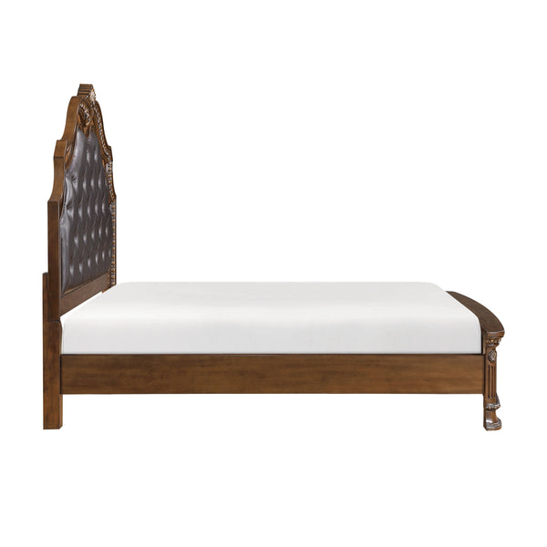 English Elm Formal Queen Bed With Sleigh-Style Upholstered Headboard, Dark Brown Finish & Intricate Carvings B011S02038