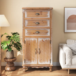 English Elm Rustic Farmhouse Tall Narrow Wood Cabinet Distressed Finish Cutout Door Drawers Natural Wood W2295P457174