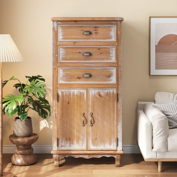 English Elm Rustic Farmhouse Tall Narrow Wood Cabinet Distressed Finish Cutout Door Drawers Natural Wood W2295P457174