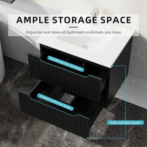 English Elm Goodyo Floating Bathroom Vanity Matte Black Ceramic Sink Soft Close Storage Cabinet W1223S00037
