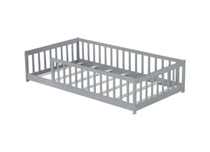 English Elm Twin Solid Rubberwood Floor Bed with Full Perimeter Safety Rails for Toddler Rooms Grey W504P296793