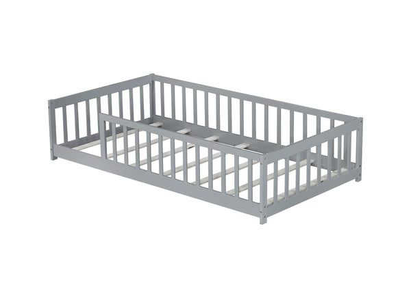 English Elm Twin Solid Rubberwood Floor Bed with Full Perimeter Safety Rails for Toddler Rooms Grey W504P296793