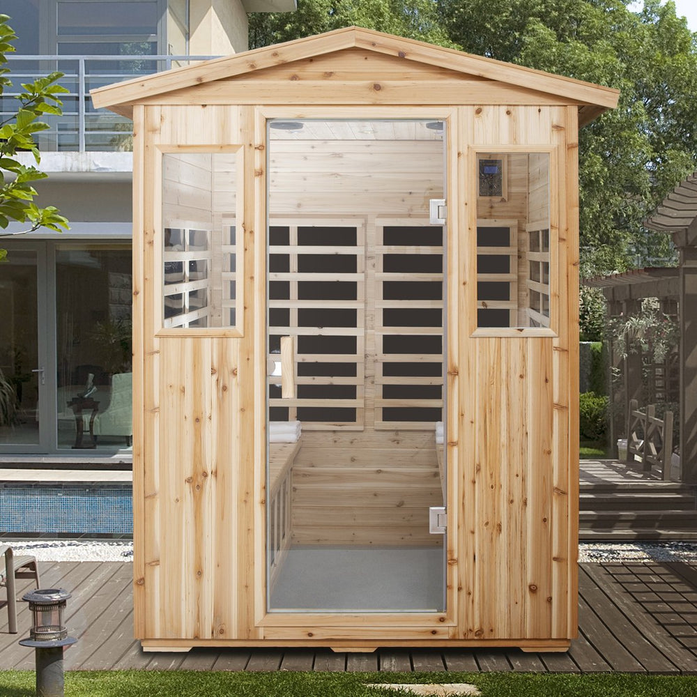 English Elm Four-Person Outdoor Far-Infrared Sauna With Bluetooth, Led Lighting & Durable Old Fir Wood Design W1149S00003