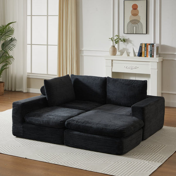 English Elm 99-Inch L-Shaped Sectional Sofa In Black Corduroy, No Assembly, Reversible Chaise & Comfort Pillows W834S00492