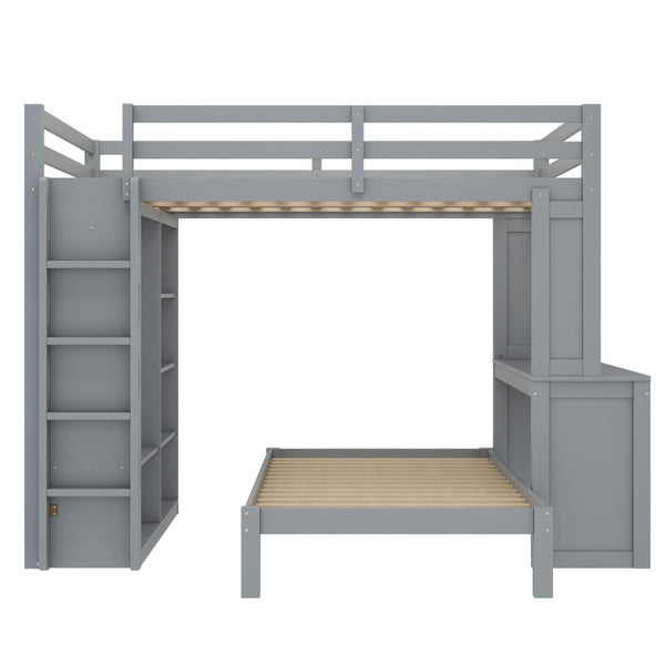 English Elm Queen Solid Wood Bunk Bed With Dismountable Twin, Desk, Shelves & Wardrobe - Modern Grey Design W1580S00215-GIGA