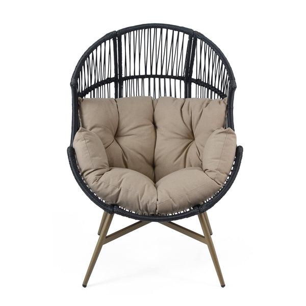 English Elm Christopher Knight Home® - Cori Black Faux Wicker Egg Chair with Khaki Cushion — Weather-Resistant, Handwoven Comfort Retreat N775P225486B