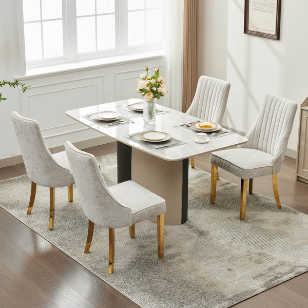 English Elm Rayon High Back Dining Chair Set with Plush Flocking Upholstery, Golden Stainless Legs, Comfort-Focused Design Beige W1143P293313