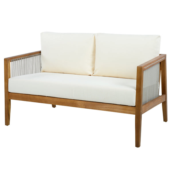 English Elm Outdoor Acacia Wood Loveseat Set with Rope Woven Panels and Matching Coffee Table Beige,Teak N768P408131T