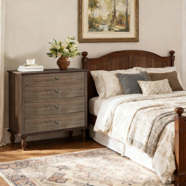 English Elm Large Antique Style 4-drawer Chest with Crown Molding Roman Legs Bedroom Storage Deep Rustic Brown W1445P422422