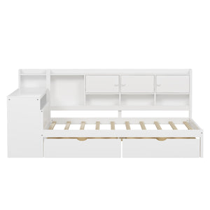 English Elm Full Full Size Wooden L-Shape Daybed with 7 Cabinets, 2 Drawers, Desk & Bookshelf — Space-Saving White N733S351674K