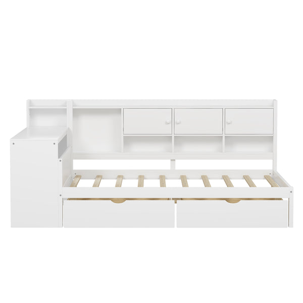 English Elm Full Full Size Wooden L-Shape Daybed with 7 Cabinets, 2 Drawers, Desk & Bookshelf — Space-Saving White N733S351674K