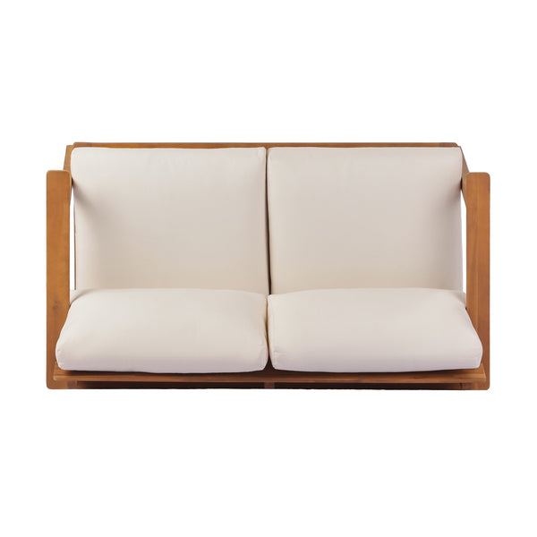 English Elm 2-piece Acacia Wood Outdoor Loveseat Set Mid-century Slatted Table All-weather Cushions N767P359941T