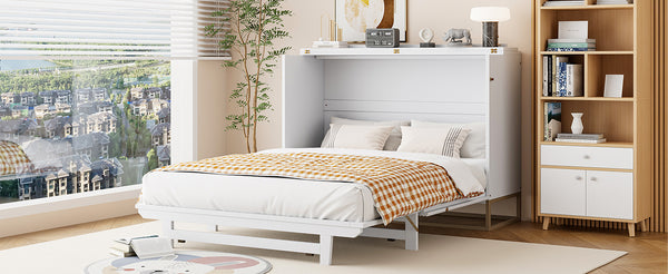 English Elm Murphy Queen Wall Bed with Frosted Glass Cabinet Facade Gold Legs Pine Frame White N820S00028K