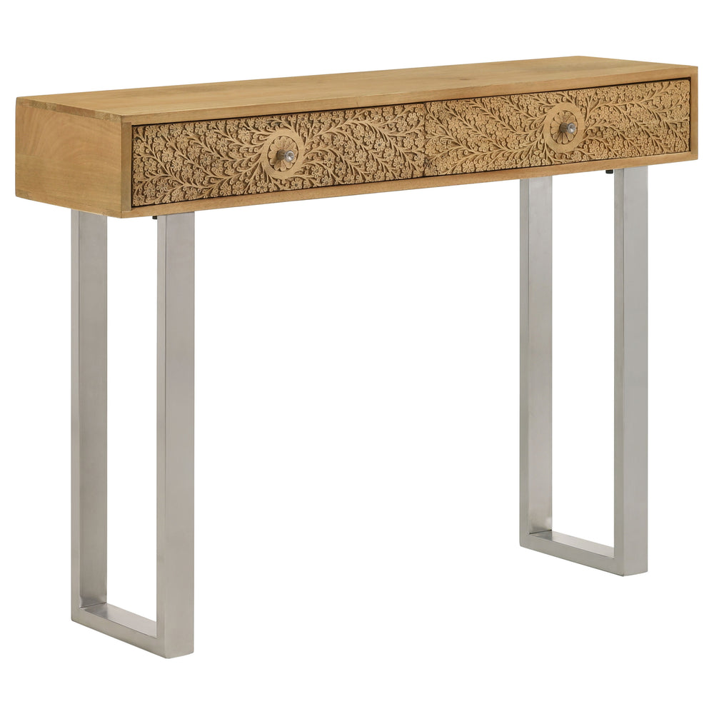 English Elm Harmony Modern Natural & Silver 2-Drawer Console Table with Sled Base, Knob Handles, Warm Wood Charm B062P333444