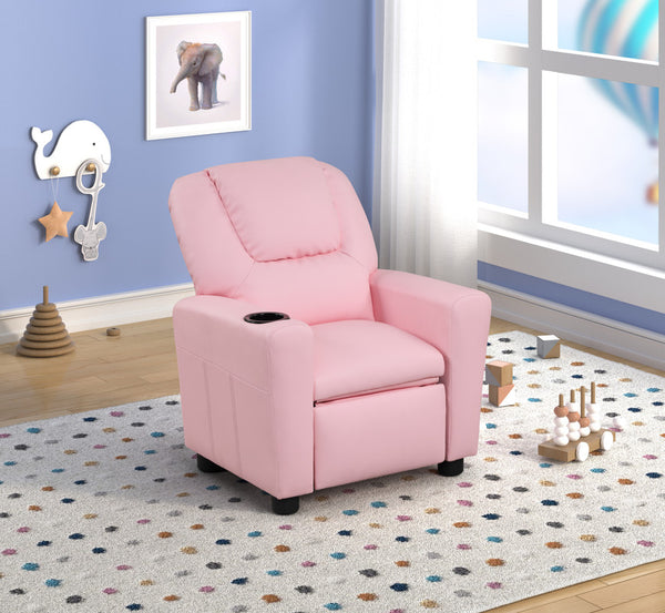 English Elm Carisa Youth Pu Leather Recliner Chair with Cupholder for Playroom or Bedroom Pink B2749P413218