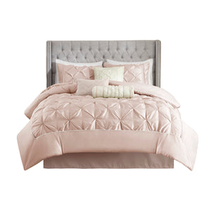 English Elm 7 Piece Tufted Comforter Set In Soft Blush For Queen Beds - Elegant Design With Decorative Pillows B03597044