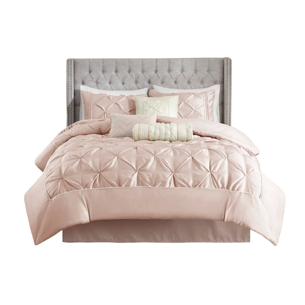 English Elm 7 Piece Tufted Comforter Set In Soft Blush For Queen Beds - Elegant Design With Decorative Pillows B03597044
