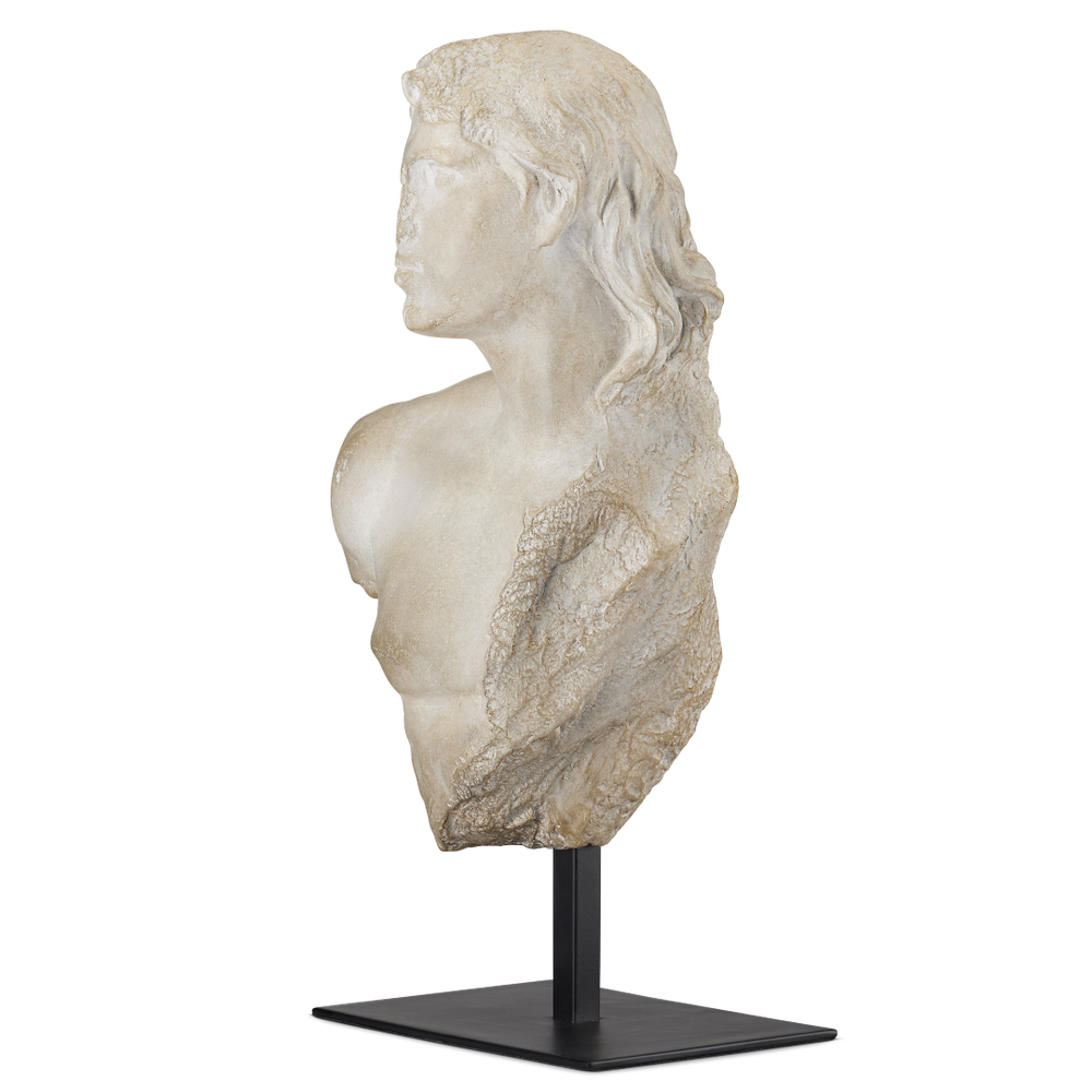 Young Royal Greek Torso Sculpture - Aged Beige Composite Artwork on Metal Base for Elegant Decor