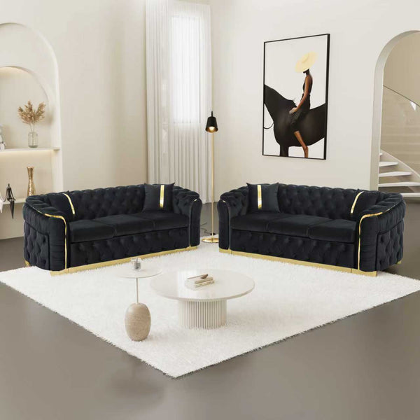English Elm 2pcs Italian Velvet Chesterfield Sofa Set Tufted Three Seater with Gold Steel Legs W1191S00069