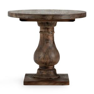 English Elm Biltmore Round End Table Aged Brown – Hand-Finished Solid Pine Pedestal, Rustic Reclaimed Charm B2723S00001