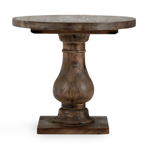 English Elm Biltmore Round End Table Aged Brown – Hand-Finished Solid Pine Pedestal, Rustic Reclaimed Charm B2723S00001