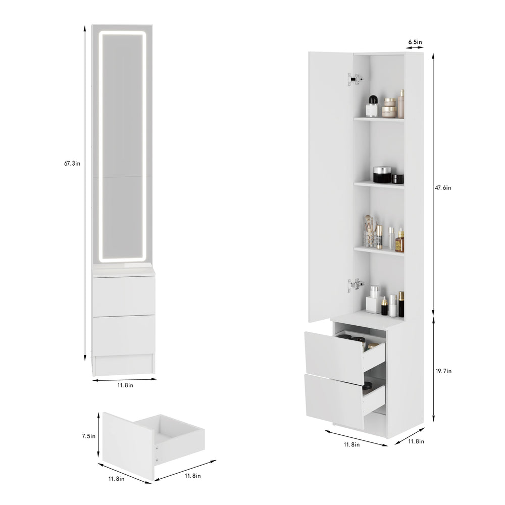 English Elm Length Floor Standing Vanity Mirror Cabinet with Led Lighting Jewelry Cosmetic Storage White W3258P453345