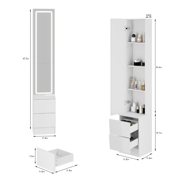 English Elm Length Floor Standing Vanity Mirror Cabinet with Led Lighting Jewelry Cosmetic Storage White W3258P453345