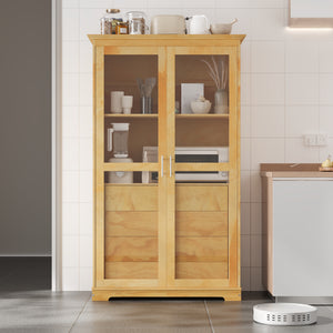 English Elm Topmax Solid Pine Pantry Cabinet with Glass Doors Four Drawers Farmhouse Storage Natural SP000086AAA